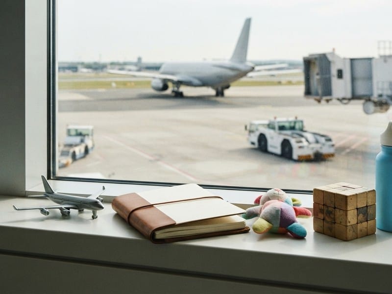 A windowsill holding a toy airplane, a leather-bound notebook, a plush toy, and a wooden puzzle cube, looking out an airport window at a plane and ground equipment on the tarmac.