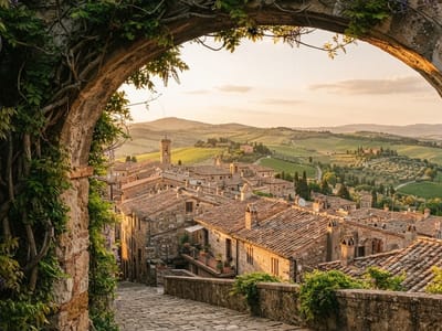A stone archway covered in vines frames a view of a medieval stone village with terracotta tile roofs overlooking rolling hills and vineyards.